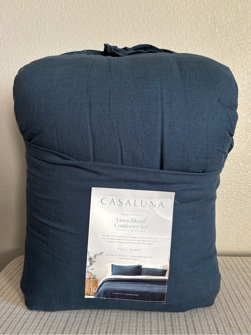 NWT Full/Queen Heavyweight Linen Blend Comforter and Sham Set Dark Mineral Blue
